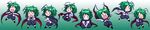  antennae arms_behind_back blush cape chibi closed_eyes falling from_behind green_hair halftone halftone_background happy highres kicking long_image madara_inosuke multiple_girls multiple_persona o_o open_mouth outstretched_arms scared sitting tears touhou wide_image wriggle_nightbug 