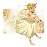  alternate_costume alternate_hairstyle anklet barefoot blonde_hair dress feet hair_up head_wreath horn hoshiguma_yuugi jewelry onikobe_rin outstretched_hand pointy_ears solo touhou wreath 