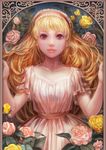  art_nouveau bangs blonde_hair border brown_eyes dress face flower hairband highres lace lace-trimmed_dress leaf lips lolita_hairband long_hair looking_at_viewer original pink_flower pink_rose rose short_sleeves solo umedama_riko white_dress yellow_flower yellow_rose 