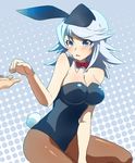  alternate_costume animal_ears bad_id bad_pixiv_id bare_shoulders blue_eyes blush bow breasts brown_legwear bunny_ears bunny_girl bunny_tail bunnysuit eyebrows eyebrows_visible_through_hair large_breasts leotard lliillii pantyhose refill_sage ribbon short_hair sidelocks sitting solo tail tales_of_(series) tales_of_symphonia white_hair 