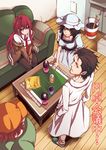  2girls bad_id bad_pixiv_id black_hair blue_eyes bottle can chips cup dr_pepper facial_hair food from_above green_eyes hashida_itaru hat jacket labcoat makise_kurisu multiple_boys multiple_girls okabe_rintarou pantyhose potato_chips product_placement red_hair shiina_mayuri steins;gate stubble u-ka_(fukei) yellow_eyes 