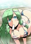  all_fours american_flag american_flag_bikini beach bikini blue_eyes breasts cleavage covered_nipples flag_print food frog green_hair hair_ornament highres kochiya_sanae large_breasts mouth_hold popsicle sexually_suggestive snake solo swimsuit thong_bikini touhou tsuki_wani 