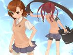  bad_id bad_pixiv_id bag biribiri blush bow brown_eyes brown_hair coin electricity from_behind hair_bow hand_on_hip highres misaka_mikoto multiple_girls olg outstretched_arms school_uniform shirai_kuroko short_hair skirt smile sweater_vest thigh_strap to_aru_kagaku_no_railgun to_aru_majutsu_no_index twintails 