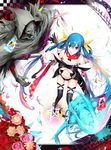  absurdres asymmetrical_wings bare_shoulders black_legwear blue_hair bow breasts card card_with_aura cleavage dizzy falling_card flower from_above guilty_gear hair_bow highres large_breasts long_hair mitu navel necro_(guilty_gear) red_eyes rose scarf skull tail thighhighs twintails underboob undine_(guilty_gear) wings 