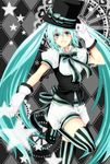 :d aqua_eyes aqua_hair argyle argyle_background bow bowtie gloves hat hat_tip hatsune_miku highres kanade_(reveryearth) long_hair open_mouth puffy_sleeves ribbon smile solo standing standing_on_one_leg striped striped_legwear thighhighs top_hat twintails vertical-striped_legwear vertical_stripes very_long_hair vocaloid white_gloves 