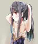  armpits atelier_(series) atelier_totori bad_id bad_pixiv_id bare_shoulders black_hair blush hairdressing long_hair maromi_(am97) mimi_houllier_von_schwarzlang ponytail red_eyes simple_background solo upper_body 