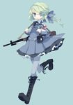  armband bad_id bad_pixiv_id blue_eyes boots bow cross-laced_footwear dress green_hair gun hair_bow knee_boots lace-up_boots long_hair original pantyhose ponytail rifle simple_background sks solo weapon yokoe_(mealtime) 