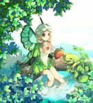  apple bad_id bad_pixiv_id blonde_hair blush butterfly_wings fairy flower food frog fruit hair_bobbles hair_ornament head_wreath highres mercedes odin_sphere red_eyes saki_(little_crown) sitting smile soaking_feet solo wings 