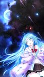  :o ahoge bad_id bad_pixiv_id blue_eyes blue_hair bow cloud crescent_moon denpa_onna_to_seishun_otoko futon glowing long_hair meteor_shower midriff moon navel nebula nemo_(piisukun) off_shoulder open_mouth panties pantyshot pleated_skirt shooting_star skirt sky solo star_(sky) starry_moon starry_sky touwa_erio underwear very_long_hair white_panties 