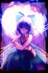  adapted_costume bad_id bad_pixiv_id bare_shoulders blue_eyes blue_hair bow cirno gloves hair_bow iketa short_hair sleeveless smile solo touhou wings 