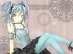  ankle_ribbon armband bare_shoulders blue_eyes blue_hair blue_legwear camisole choker crossed_legs hair_ribbon hatsune_miku high_heels kuroi_(liar-player) looking_at_viewer pantyhose ribbon shoes sitting skirt solo twintails vocaloid 