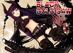  belt bikini_top black_gold_saw black_rock_shooter hopper horns jacket king_saw long_hair navel red_eyes shorts solo sword thighhighs unzipped weapon 