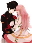  1girl anemone_(eureka_seven) back black_hair couple dominic_sorel dress eureka_seven eureka_seven_(series) flower gloves hetero long_hair military military_uniform pink_hair simple_background tears tsu_da uniform 