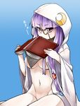  book breasts cloak crescent groin hood hooded_cloak medium_breasts monocle mukyuu naked_coat navel no_bra no_panties pale_skin patchouli_knowledge phenne purple_hair sitting solo touhou underboob 