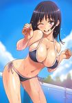  bangs bare_arms bare_shoulders bikini blue_sky blush breasts bursting_breasts cleavage cloud collarbone cowboy_shot day dutch_angle fingernails hands hanging_breasts honoji ladder large_breasts leaning_forward looking_at_viewer natsumi_(honoji) navel one_eye_closed open_mouth original outdoors pool purple_eyes purple_hair side-tie_bikini sky smile solo swimsuit water wet 