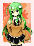  alternate_costume black_legwear blue_eyes blush frog green_hair hair_ornament kochiya_sanae long_hair orange_shirt school_uniform shirt skirt smile snake solo sweater thighhighs touhou yamisaki_(ymsk_xx) 