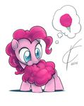  biting blue_eyes chewing cotton_candy dreatos highres horse my_little_pony my_little_pony_friendship_is_magic no_humans pink_hair pinkie_pie puffy_cheeks signature simple_background solo standing tail tail_biting thought_bubble younger 
