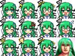  :d anger_vein bad_id bad_pixiv_id banned_artist blush closed_eyes daijoubu_da_mondai_nai detached_sleeves el_shaddai enoch expressions faceset frog gohei green_eyes green_hair hair_ornament hair_tubes kisaragi_zwei kochiya_sanae light_bulb multiple_views o_o odd_one_out open_mouth parody portrait smile snake star sweatdrop touhou variations 