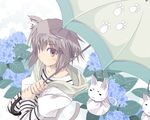  animal_ears cat_ears cat_tail flower from_above grey_eyes grey_hair hood hood_down hoodie hydrangea original paw_print satomi shirt short_hair solo striped striped_shirt tail teruterubouzu umbrella 