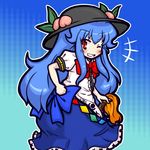  blue_hair boots bow dress eruru_(erl) food fruit grin hat hinanawi_tenshi long_hair one_eye_closed peach red_eyes ribbon smile solo sword touhou weapon 