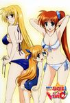  adjusting_clothes adjusting_swimsuit armpits arms_behind_head arms_up ass bikini blonde_hair blue_eyes breasts brown_hair cleavage family fate_testarossa fujima_takuya heterochromia highres large_breasts looking_back lyrical_nanoha mahou_shoujo_lyrical_nanoha_strikers mahou_shoujo_lyrical_nanoha_vivid multiple_girls older one-piece_swimsuit red_eyes school_swimsuit short_twintails side-tie_bikini side_ponytail swimsuit takamachi_nanoha twintails vivio 