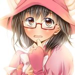  bad_id bad_pixiv_id black_hair blush brown_eyes embarrassed face glasses hat magical_girl pink_hat rira_fuuka sakuma_rinko solo wavy_mouth yondemasu_yo_azazel-san. 