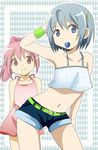  alternate_costume alternate_hairstyle armpits bad_id bad_pixiv_id bare_shoulders belt blue_eyes blue_hair candy casual food hair_ornament hairclip kaname_madoka kii_(po09po09) lollipop mahou_shoujo_madoka_magica midriff miki_sayaka multiple_girls navel pink_eyes pink_hair ponytail short_hair shorts smile unmoving_pattern wristband 