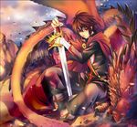  black_hair cape crown dragon kingchenxi lucas_(pixiv_fantasia) male_focus pixiv_fantasia pixiv_fantasia_5 red_eyes sitting solo sword weapon 