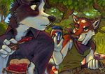  anthro bandanna belt blush bush butter_knife canine dog duo eye_contact forest grass humor looking_at_each_other male mammal neckerchief peanut_butter picnic seductive ssirrus tree wolf wood 