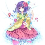  arm_ribbon bad_id bad_pixiv_id brush bug butterfly calligraphy_brush embellished_costume flower hair_flower hair_ornament hieda_no_akyuu highres insect japanese_clothes kimono kisaragi_kiriha koi obi paintbrush petals purple_eyes purple_hair ribbon sash short_hair sleeves_past_wrists smile solo touhou wind_chime 