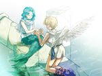  angel_wings ankle_lace-up bad_id bad_pixiv_id bishoujo_senshi_sailor_moon choker cross-laced_footwear green_hair kaiou_michiru kamonabe_kamotsu long_hair mermaid monster_girl monsterification multiple_girls short_hair ten'ou_haruka very_short_hair wavy_hair wings yuri 