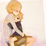  1girl bad_id bad_pixiv_id barnaby_brooks_jr child closed_eyes emily_brooks glasses green_eyes hug mother_and_son motherly necktie one_eye_closed petting poco24 short_hair shorts skirt tiger_&amp;_bunny younger 
