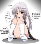  angel_beats! blush english hands_on_knees imai_kazunari kneehighs long_hair sad school_uniform silver_hair sitting solo tears tenshi_(angel_beats!) yellow_eyes 