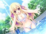  bikini blonde forest game_cg long_hair mizugi open_mouth oppai purple_eyes sky water 