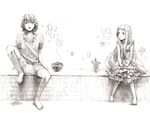  1girl ano_hi_mita_hana_no_namae_wo_bokutachi_wa_mada_shiranai. barefoot bowl casual dress feet highres honma_meiko long_hair monochrome ranko short_hair sketch yadomi_jinta 