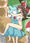  absurdres barefoot black_hair blue_hair bow breast_press breasts cirno closed_eyes hair_bow hair_tubes hakurei_reimu highres himenomikan hug large_breasts long_hair lying multiple_girls mundane_utility on_back on_side panties sarashi short_hair sleeping touhou underwear underwear_only white_panties 