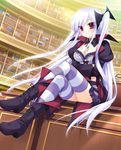  akechi_hikari blue_hair book boots bustier cape crossed_legs highres hyper_highspeed_genius library long_hair miyasu_risa purple_legwear red_eyes shelf sitting skirt solo striped striped_legwear thighhighs twintails vertical_stripes very_long_hair 