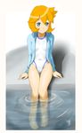  bad_id bad_pixiv_id barefoot blue_eyes covered_navel finalcake flat_chest gym_leader jacket jacket_over_swimsuit kasumi_(pokemon) one-piece_swimsuit open_clothes open_jacket orange_hair pokemon pokemon_(game) pokemon_hgss ripples short_hair sitting smile soaking_feet solo swimsuit swimsuit_under_clothes water 