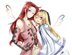  1girl blonde_hair collet_brunel hand_on_another's_head highres kurabayashi long_hair one_eye_closed red_hair tales_of_(series) tales_of_symphonia zelos_wilder 