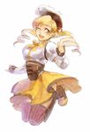  blonde_hair boots drill_hair fingerless_gloves gloves happy hat jumping mahou_shoujo_madoka_magica oca one_eye_closed ribbon skirt smile solo thighhighs tomoe_mami twintails yellow_eyes 