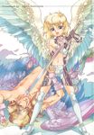  angel_wings armor blonde blue_eyes brown_eyes brown_hair elbow_gloves feathers fingerless_gloves gauntlets gloves horns kashimada_shiki lying on_back open_mouth peacock_feathers shorts shota sword thighhighs topless trap weapon white_thighhighs wings wink 