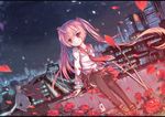  1girl black_legwear blazer blush cityscape dutch_angle flat_chest flower gun hair_ribbon handgun hidan_no_aria holster jacket kanzaki_h_aria katana letterboxed loafers necktie night north_abyssor petals pink_hair pistol pleated_skirt red_eyes red_flower red_rose ribbon rose rose_petals school_uniform serafuku shoes sitting skirt sky sword thigh_holster thighhighs tooyama_kinji twintails weapon 