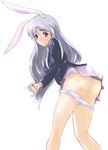  animal_ears ass blazer bunny_ears covering covering_crotch deeple from_behind grey_hair jacket long_hair looking_back panties panty_pull red_eyes reisen_udongein_inaba simple_background skirt solo suppository sweatdrop touhou underwear 