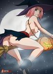  anus boots bottomless crotch_rub erect_nipples full_moon green_eyes halloween haruno_sakura jack_o_lantern looking_over_shoulder naruto nipples oppai orifice pink_hair pumpkin sky smile stars tagme topless vaginal wiccan_broom witch witches_hat 