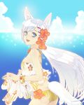  animal_ears bad_id bad_pixiv_id bikini_bottom blue_eyes bracelet cloud copyright_request crop_top day enk floral_print flower from_side hair_flower hair_ornament hibiscus jewelry nail_polish ocean open_mouth sky smile solo swimsuit tail water white_hair 