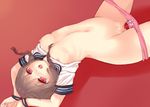  arms_up bdsm blush bondage bound bound_arms bow bow_panties braid breasts brown_hair dutch_angle medium_breasts navel nipples open_mouth original panties panty_pull pink_panties pussy pussy_juice red_eyes solo twin_braids underwear upside-down yukibuster_z 