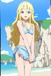  beach blue_bikini blue_eyes cleavage cliff_side clouds content hands_at_front happy long_blonde_hair ocean open_mouth rocks side_tie sky softenni stitch tagme water 