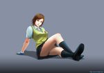  arm_support breasts brown_eyes brown_hair crossed_legs fingerless_gloves gloves hibal kazama_asuka kneehighs legs medium_breasts open_collar panties pantyshot pantyshot_(sitting) school_uniform short_hair simple_background sitting skirt socks solo sweater_vest tekken underwear upskirt 