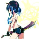  akanagi_youto bikini_top blue_hair cabbie_hat gloves hat pixiv_fantasia pixiv_fantasia_5 red_eyes shorts sidelocks solo sword tattoo weapon 