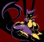  2019 anthro anthrofied balls big_breasts big_penis breasts butt dickgirl digital_media_(artwork) elpatrixf felid fur green_eyes intersex liepard looking_at_viewer looking_back lying mammal nintendo nipples nude penis pok&eacute;mon pok&eacute;mon_(species) pok&eacute;morph purple_fur simple_background solo video_games 